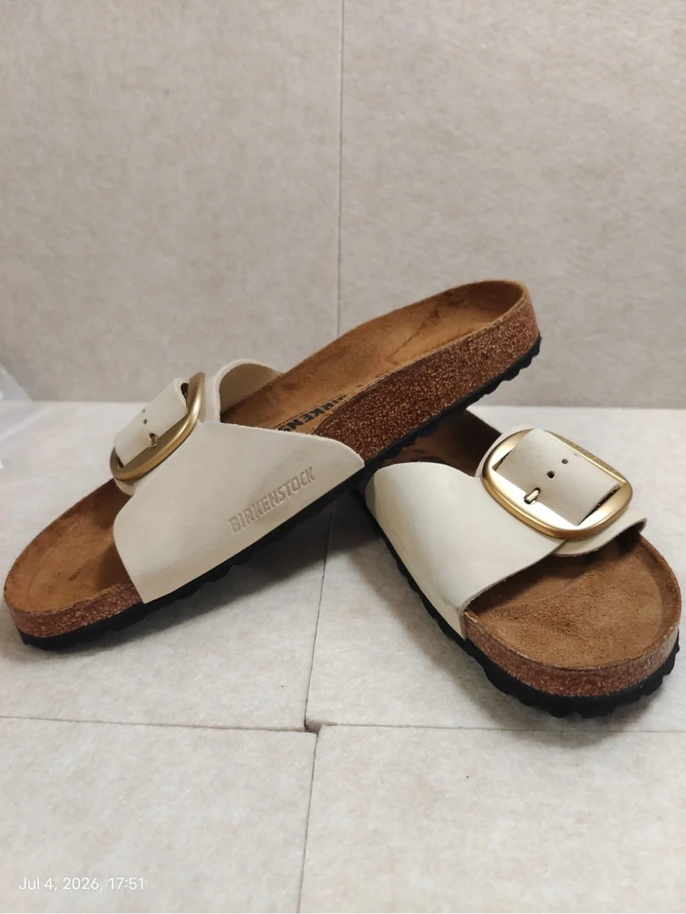 New Birkenstock White Sandals with Gold Buckles